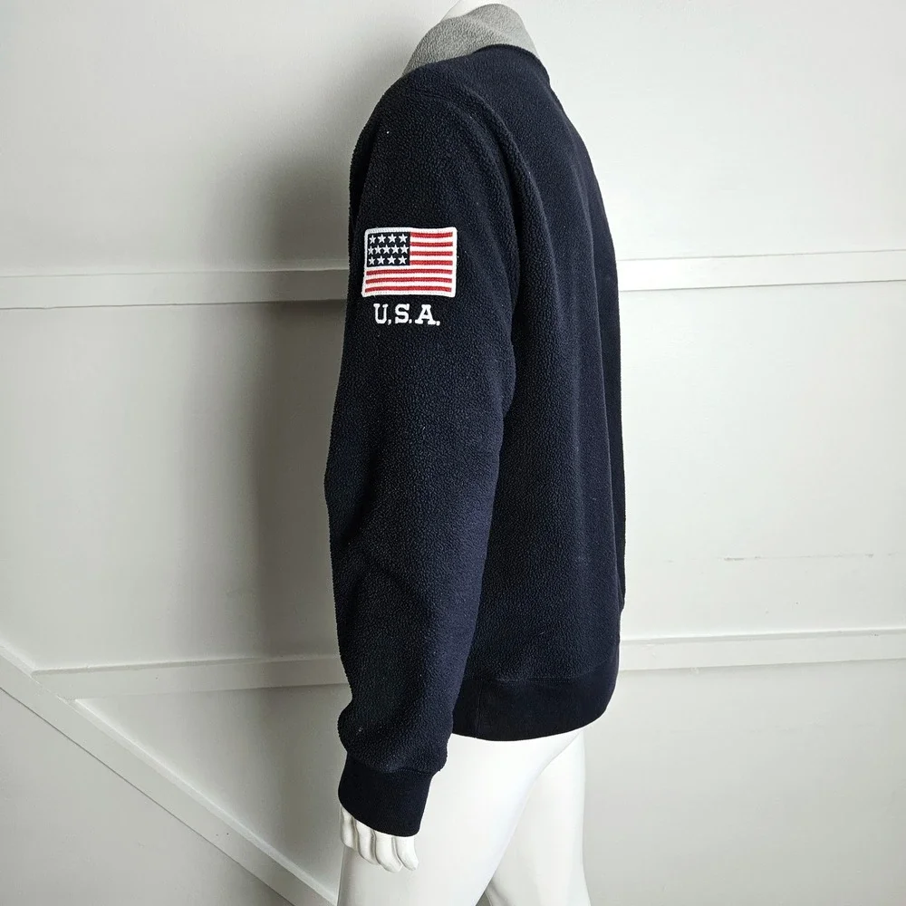 Polo Ralph Lauren Mens Navy Blue Fleece Quarter Zip Pullover USA Flag Patch L
